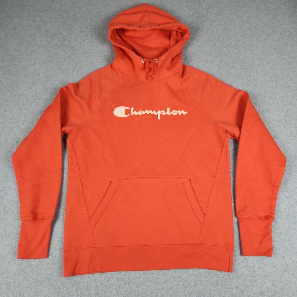Champion Hoodie Mens S Orange‎ Fleece Lined Long Sleeve Spell Out Logo Pullover